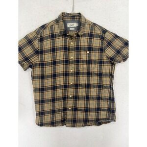 Grayers‎ Clothiers Mens Large Short Sleeve Plaid Button Down Shirt Tan Navy Blue